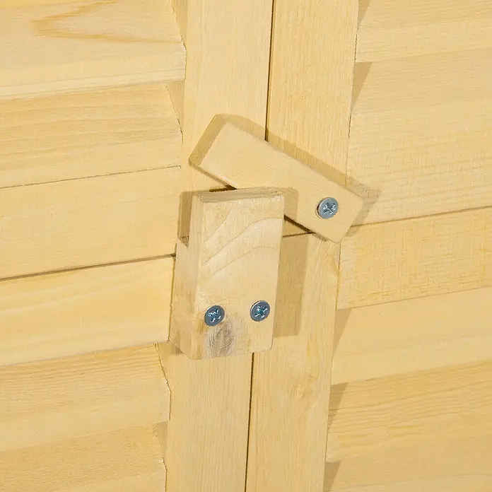 Outsunny Geräteschrank - Außenbreite inkl. Dachüberstand: 87 cm, Außentiefe inkl. Dachüberstand: 46,5 cm, Holz, Naturholz - Zwei helle Holztürriegelteile mit sichtbaren Schrauben auf einer Holzoberfläche.
