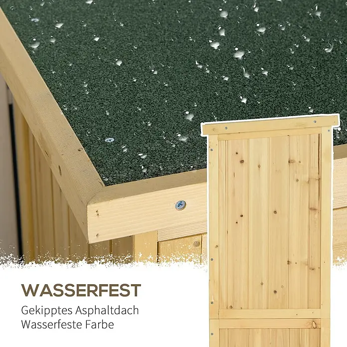 Outsunny Geräteschrank - Außenbreite inkl. Dachüberstand: 87 cm, Außentiefe inkl. Dachüberstand: 46,5 cm, Holz, Naturholz - Wasserdichte Holzstruktur mit dunkelgrünem Asphaltdach und Wassertropfen auf der Oberfläche.