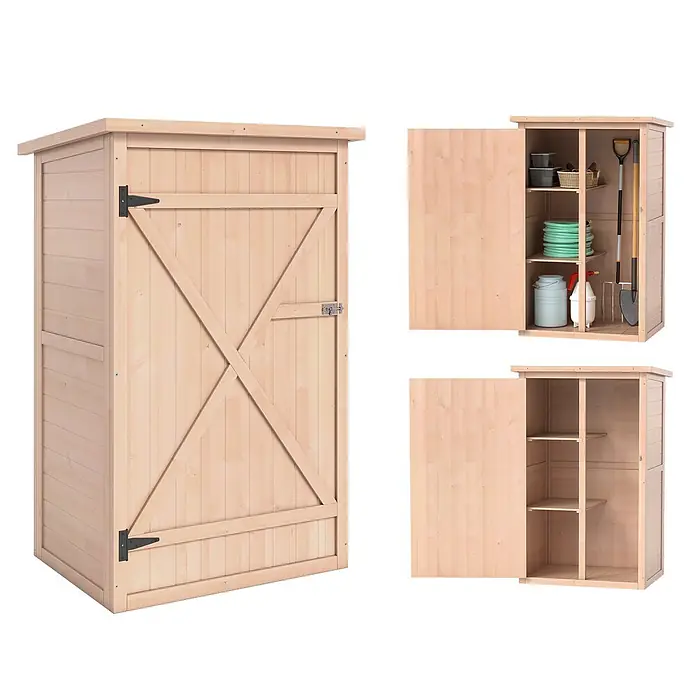 Outsunny Geräteschrank - Außenbreite inkl. Dachüberstand: 75 cm, Außentiefe inkl. Dachüberstand: 56 cm, Holz, Naturholz - Heller Holz-Gartenschrank mit Regalen für Werkzeuge. Verfügt über eine X-Streben-Tür, schwarze Scharniere und einen Riegel.