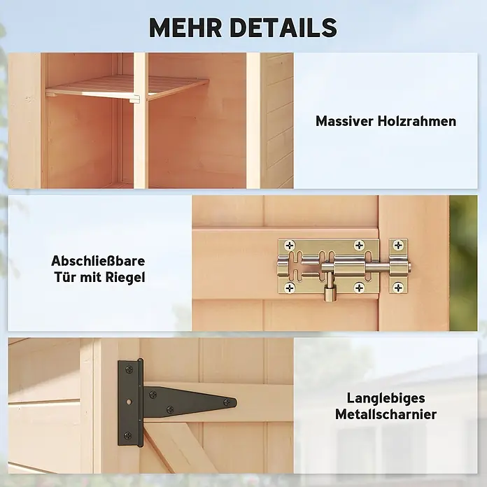 Outsunny Geräteschrank - Außenbreite inkl. Dachüberstand: 75 cm, Außentiefe inkl. Dachüberstand: 56 cm, Holz, Naturholz - Details einer Holzkonstruktion: massiver Holzrahmen, abschließbare Tür mit Riegel und langlebiges Metallscharnier.