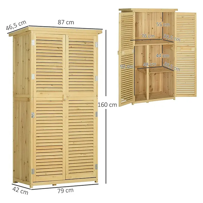 Outsunny Geräteschrank - Außenbreite inkl. Dachüberstand: 87 cm, Außentiefe inkl. Dachüberstand: 46,5 cm, Holz, Naturholz - Hellbrauner hölzerner Gartenschrank mit Lamellentüren und Innenregalen. Maße sind angegeben.