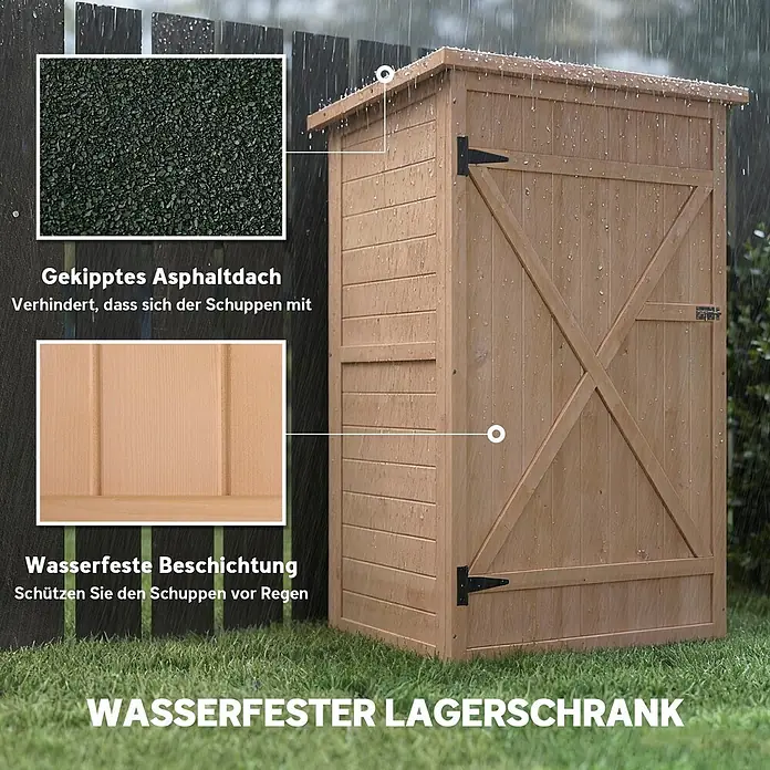 Outsunny Geräteschrank - Außenbreite inkl. Dachüberstand: 75 cm, Außentiefe inkl. Dachüberstand: 56 cm, Holz, Naturholz - Wasserdichter Holz-Lagerschrank mit schrägem Asphaltdach, draußen im Regen stehend.