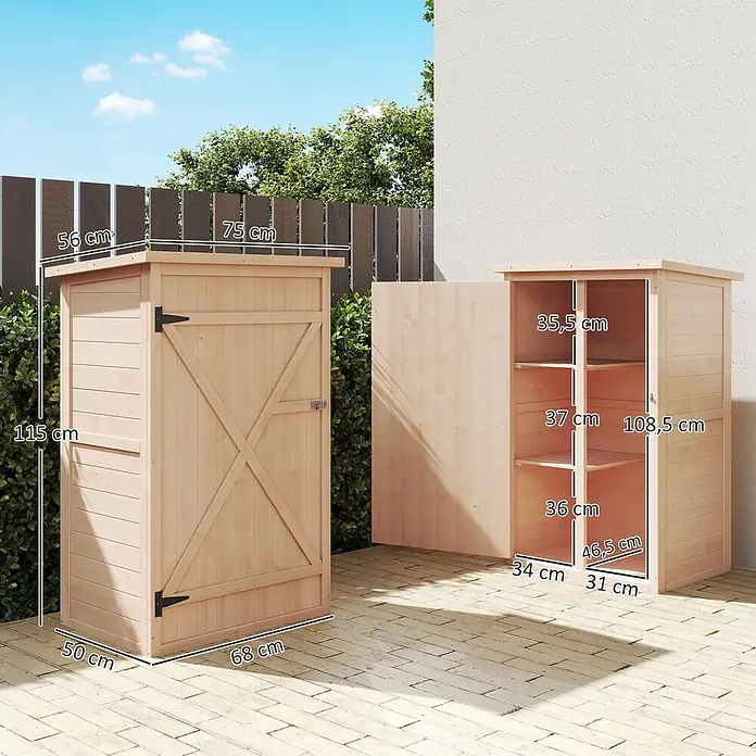 Outsunny Geräteschrank - Außenbreite inkl. Dachüberstand: 75 cm, Außentiefe inkl. Dachüberstand: 56 cm, Holz, Naturholz - Zwei helle Gartenlagerschuppen aus Holz, einer geschlossen mit Kreuztür, der andere offen mit Regalen, auf einer Terrasse.