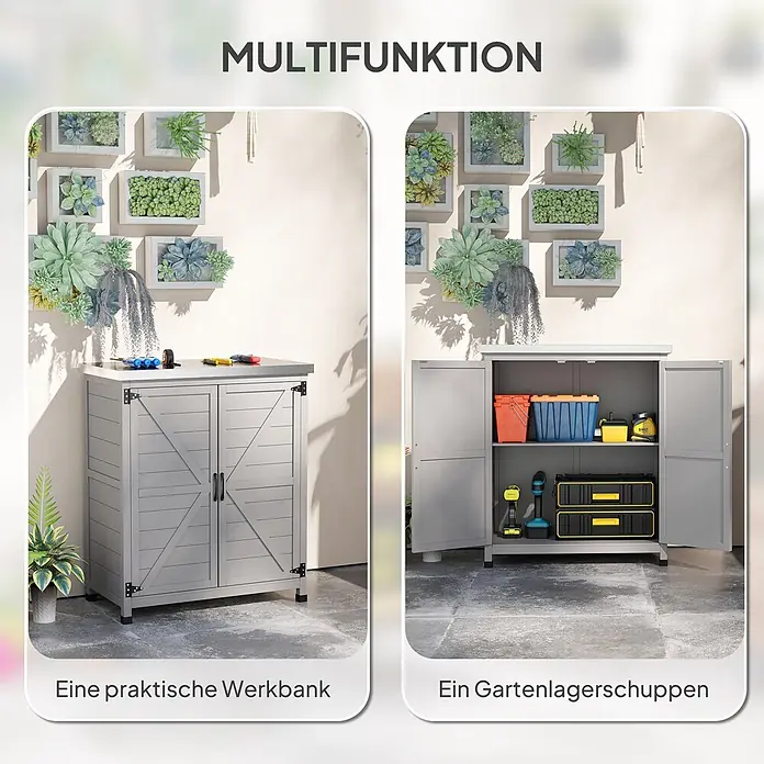 Outsunny Geräteschrank - Außenbreite inkl. Dachüberstand: 79 cm, Außentiefe inkl. Dachüberstand: 43 cm, Holz, Grau - Grauer Outdoor-Schrank, der als Werkbank und Gartenlagerschuppen dient.