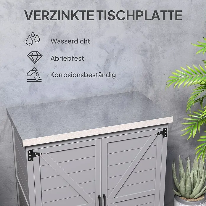 Outsunny Geräteschrank - Außenbreite inkl. Dachüberstand: 79 cm, Außentiefe inkl. Dachüberstand: 43 cm, Holz, Grau - Grauer Outdoor-Schrank mit verzinkter Tischplatte, wasserdicht, abriebfest und korrosionsbeständig.