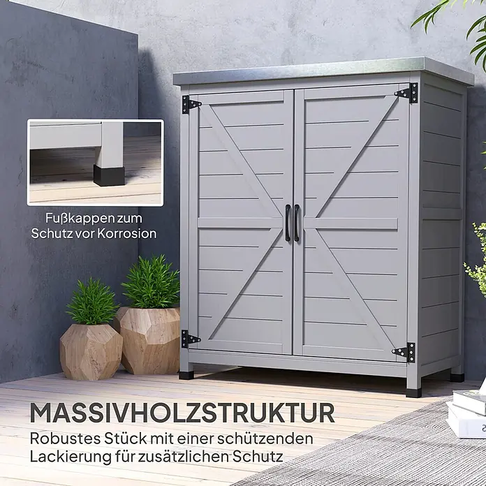 Outsunny Geräteschrank - Außenbreite inkl. Dachüberstand: 79 cm, Außentiefe inkl. Dachüberstand: 43 cm, Holz, Grau - Hellgrauer Massivholz-Gartenschrank mit Metallplatte, schwarzen Griffen und Korrosionsschutz-Fußkappen. Ideal für den Außenbereich.