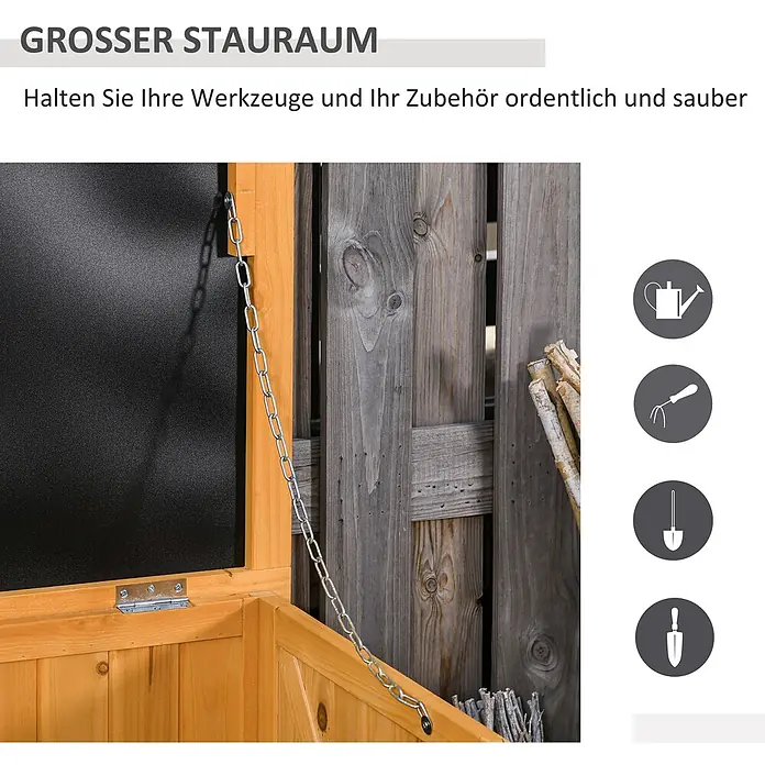 Outsunny Geräteschrank - Holz, Gelb - Offene Gartengerätebox aus Holz mit Kettenhalterung.