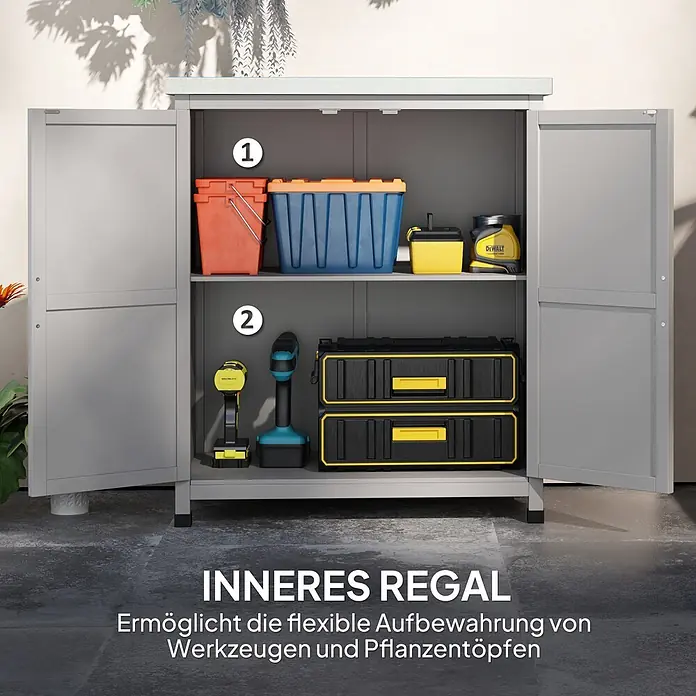 Outsunny Geräteschrank - Außenbreite inkl. Dachüberstand: 79 cm, Außentiefe inkl. Dachüberstand: 43 cm, Holz, Grau - Grauer Vorratsschrank mit zwei offenen Türen, zeigt Werkzeuge und Behälter auf zwei Innenregalen. Ideal für Werkzeuge und Pflanztöpfe.