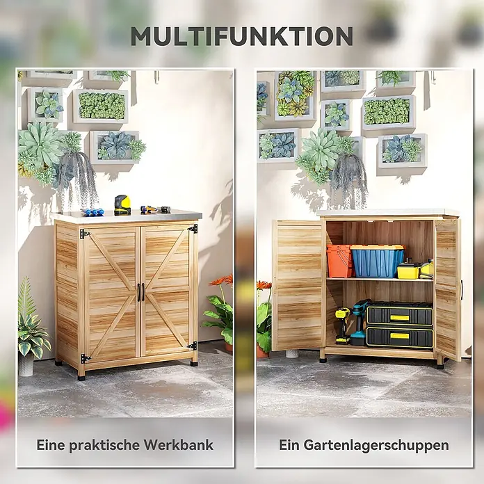 Outsunny Geräteschrank - Außenbreite inkl. Dachüberstand: 79 cm, Außentiefe inkl. Dachüberstand: 43 cm, Holz, Naturholz - Heller multifunktionaler Holzschrank, dargestellt als Werkbank mit Werkzeugen und offener Gartenschuppen.