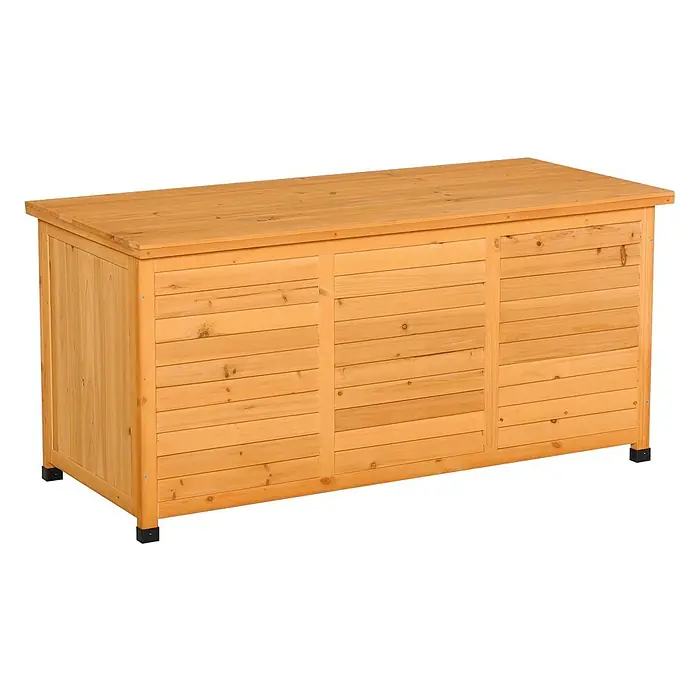 Outsunny Geräteschrank - Holz, Gelb - Hellebraune Holz-Gartenbox mit aufklappbarem Deckel und Lamellenfront, auf kleinen Füßen stehend.