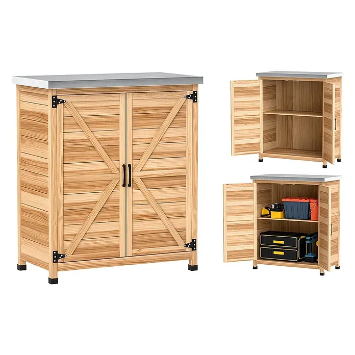 Outsunny Geräteschrank - Außenbreite inkl. Dachüberstand: 79 cm, Außentiefe inkl. Dachüberstand: 43 cm, Holz, Naturholz - Heller Holzschrank mit Metallplatte, Scheunentüren u. schwarzen Beschlägen. Innenregale f. Werkzeuge.