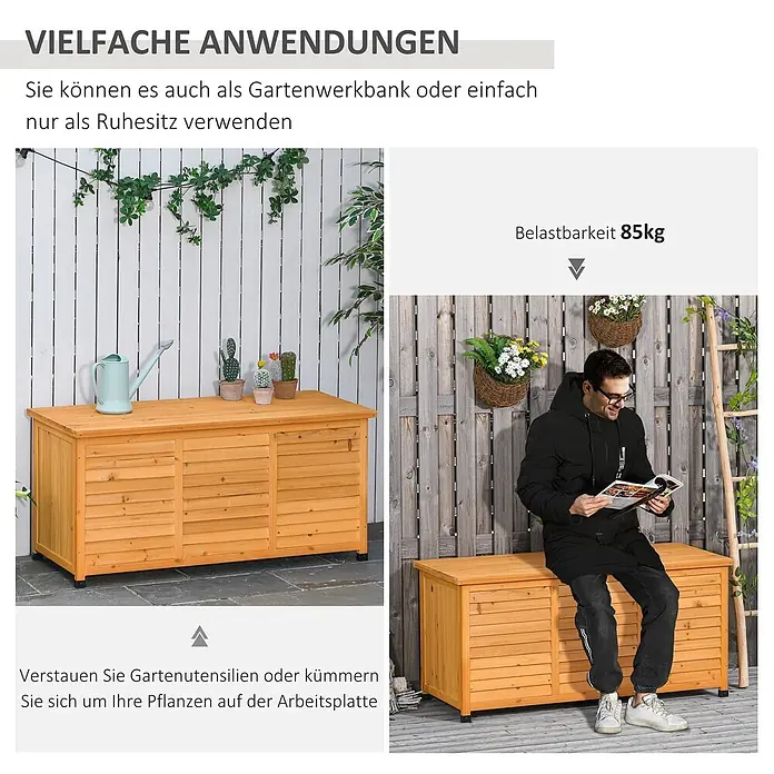 Outsunny Geräteschrank - Holz, Gelb - Hölzerne Gartenbank mit Stauraum, als Werkbank und Sitzgelegenheit nutzbar, 85kg Belastbarkeit.