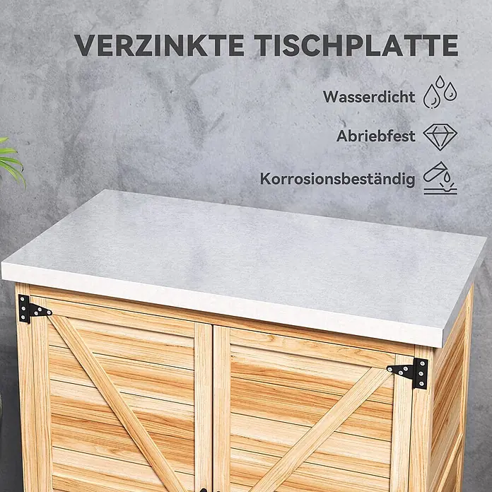 Outsunny Geräteschrank - Außenbreite inkl. Dachüberstand: 79 cm, Außentiefe inkl. Dachüberstand: 43 cm, Holz, Naturholz - Heller Holzschrank mit Scheunentor-Türen und robuster, hellgrauer verzinkter Tischplatte, wasserdicht und korrosionsbeständig.