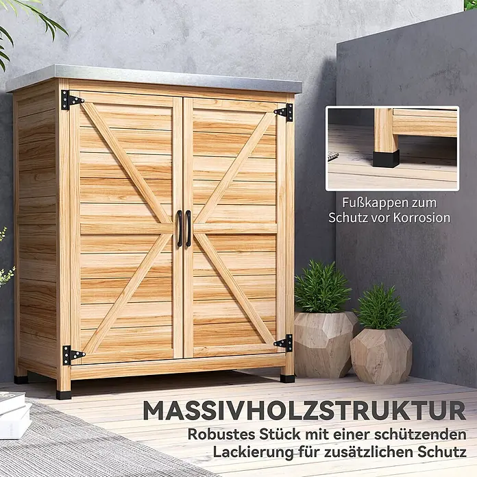 Outsunny Geräteschrank - Außenbreite inkl. Dachüberstand: 79 cm, Außentiefe inkl. Dachüberstand: 43 cm, Holz, Naturholz - Holz-Gartenschrank mit Metallplatte, schwarzen Scharnieren/Griffen, Massivholz-Konstruktion und rostgeschützten Fußkappen.