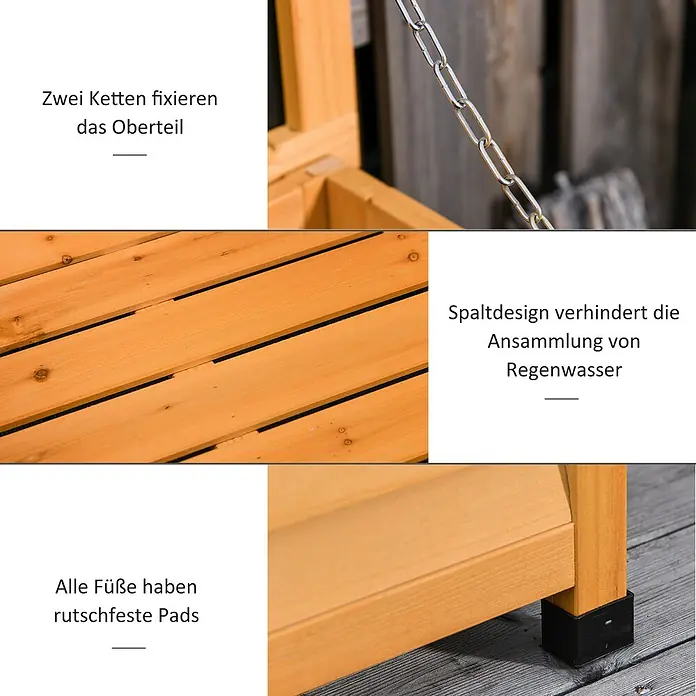 Outsunny Geräteschrank - Holz, Gelb - Hellbraunes Outdoor-Holzmöbel mit Ketten zur Befestigung, Lamellendesign gegen Regenwasser und rutschfesten Füßen.