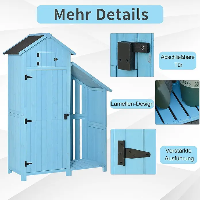 Outsunny Geräteschrank - Außenbreite inkl. Dachüberstand: 130 cm, Außentiefe inkl. Dachüberstand: 54,5 cm, Holz, Himmelblau - Hellblauer Holz-Gartenschrank mit Staufächern und verstärkten Beschlägen.