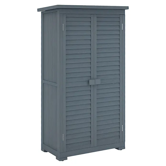 Outsunny Geräteschrank - Außenbreite inkl. Dachüberstand: 87 cm, Außentiefe inkl. Dachüberstand: 46,5 cm, Grau - Grauer Holzschrank mit zwei Lamellentüren und kleinen Füßen.
