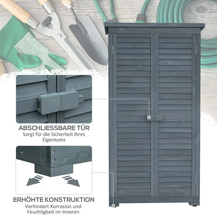 Outsunny Geräteschrank - Außenbreite inkl. Dachüberstand: 87 cm, Außentiefe inkl. Dachüberstand: 46,5 cm, Grau - Grauer Holz-Gartenschrank mit abschließbarer Tür und erhöhter Konstruktion für Werkzeuge.