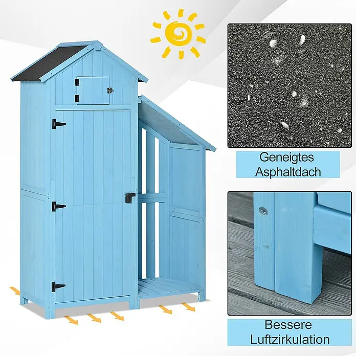 Outsunny Geräteschrank - Außenbreite inkl. Dachüberstand: 130 cm, Außentiefe inkl. Dachüberstand: 54,5 cm, Holz, Himmelblau - Hellblauer Gartenschrank aus Holz mit geneigtem Asphaltdach und erhöhtem Boden für bessere Luftzirkulation.