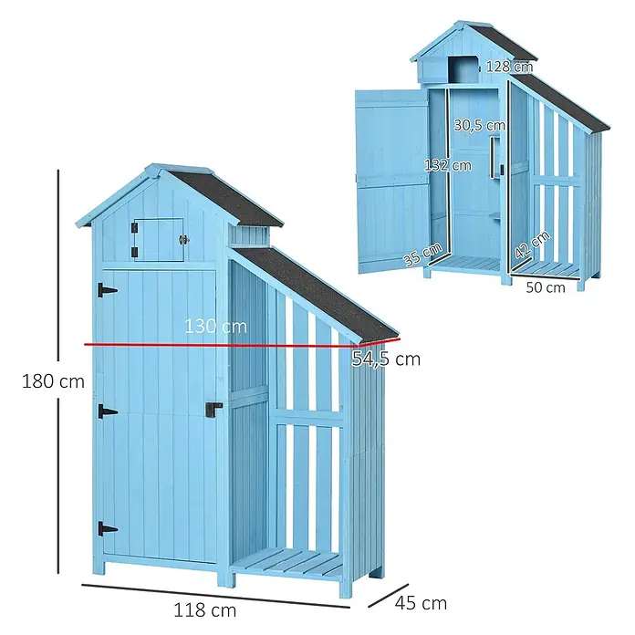 Outsunny Geräteschrank - Außenbreite inkl. Dachüberstand: 130 cm, Außentiefe inkl. Dachüberstand: 54,5 cm, Holz, Himmelblau - Hellblauer Holzschuppen mit Staufach und offenem Holzregal, diverse Maße angezeigt.