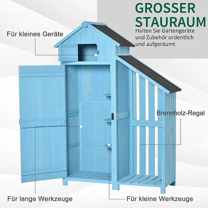 Outsunny Geräteschrank - Außenbreite inkl. Dachüberstand: 130 cm, Außentiefe inkl. Dachüberstand: 54,5 cm, Holz, Himmelblau - Blauer Holz-Gartenschrank mit verschiedenen Staufächern und Brennholzregal.
