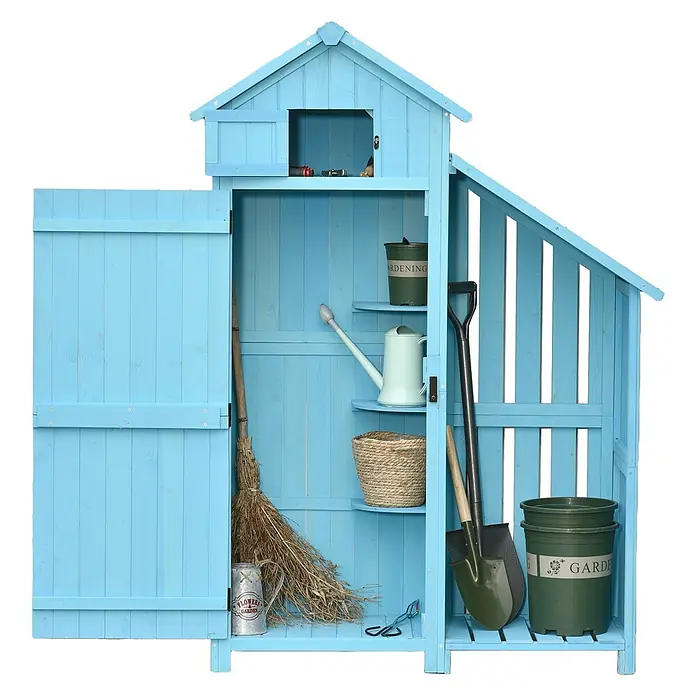 Outsunny Geräteschrank - Außenbreite inkl. Dachüberstand: 130 cm, Außentiefe inkl. Dachüberstand: 54,5 cm, Holz, Himmelblau - Hellblauer Holz-Gartenschrank mit mehreren Fächern, für Besen, Gießkanne, Schaufel und Pflanztöpfe.