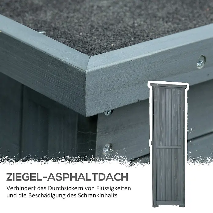 Outsunny Geräteschrank - Außenbreite inkl. Dachüberstand: 87 cm, Außentiefe inkl. Dachüberstand: 46,5 cm, Grau - Grauer Holz-Außenschrank mit robustem, wasserdichtem Asphaltdach und passender grauer Holztür. Schützt den Inhalt vor Feuchtigkeit.