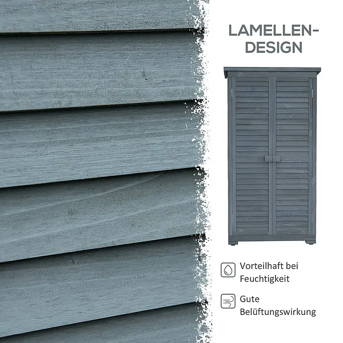 Outsunny Geräteschrank - Außenbreite inkl. Dachüberstand: 87 cm, Außentiefe inkl. Dachüberstand: 46,5 cm, Grau - Grauer Holzschrank mit Lamellentüren, für gute Belüftung und vorteilhaft bei Feuchtigkeit.