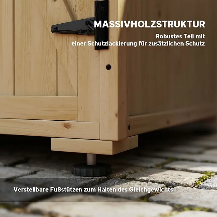 Outsunny Geräteschrank - Außenbreite inkl. Dachüberstand: 88 cm, Außentiefe inkl. Dachüberstand: 77,5 cm, Holz, Naturholz - Massivholzstruktur mit Schutzlackierung und verstellbaren Füßen zum Halten des Gleichgewichts auf Steinpflaster.