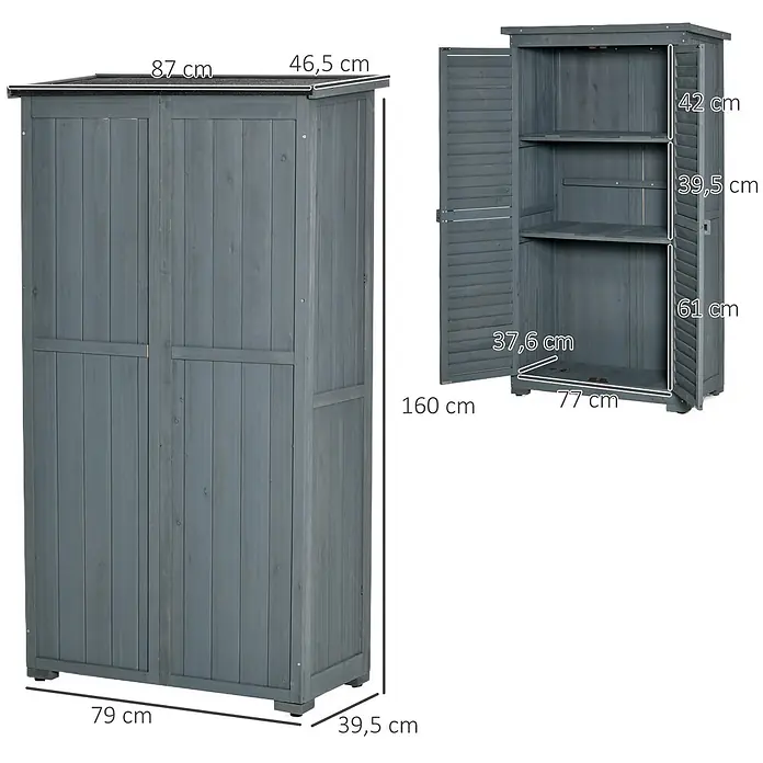 Outsunny Geräteschrank - Außenbreite inkl. Dachüberstand: 87 cm, Außentiefe inkl. Dachüberstand: 46,5 cm, Grau - Grauer Holz-Gartenschrank mit zwei Türen und Regalen, Maße angezeigt.