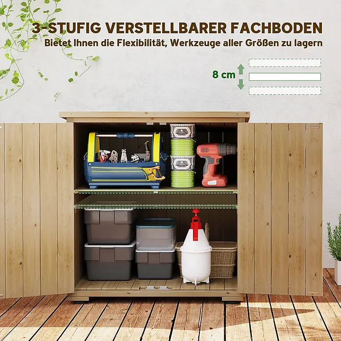 Outsunny Geräteschrank - Außenbreite inkl. Dachüberstand: 88 cm, Außentiefe inkl. Dachüberstand: 77,5 cm, Holz, Naturholz - Holzschrank mit 3-stufig verstellbaren Einlegeböden zur flexiblen Werkzeuglagerung.