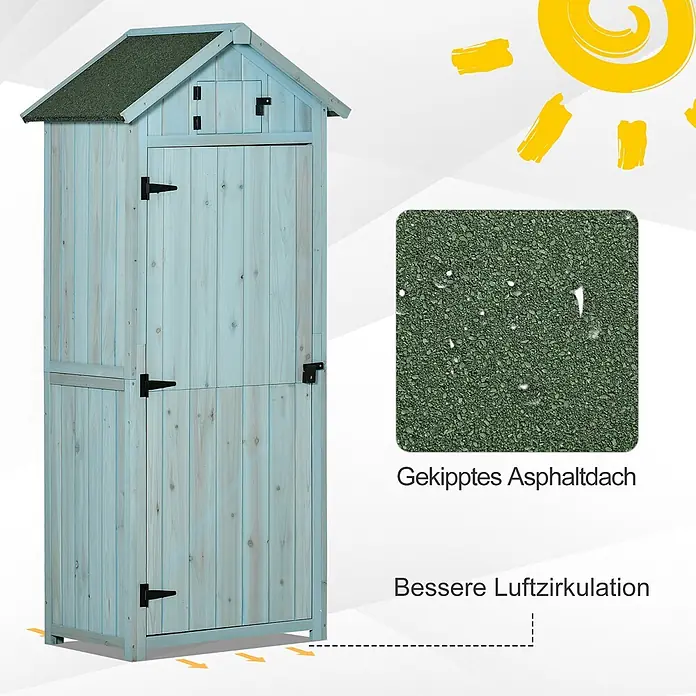 Outsunny Geräteschrank - Außenbreite inkl. Dachüberstand: 77 cm, Außentiefe inkl. Dachüberstand: 54,2 cm, Holz, Hellblau+Grün - Hellblauer Holzschuppen mit grünem Asphaltdach, wasserdicht und mit besserer Luftzirkulation.