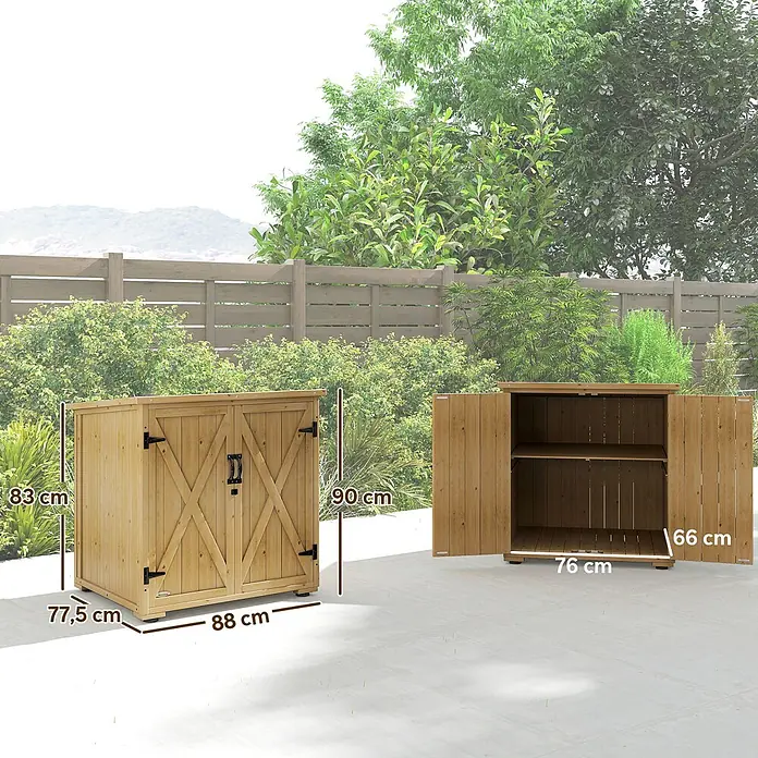 Outsunny Geräteschrank - Außenbreite inkl. Dachüberstand: 88 cm, Außentiefe inkl. Dachüberstand: 77,5 cm, Holz, Naturholz - Hellbrauner Outdoor-Holzschrank, geschlossen und geöffnet gezeigt, mit Maßen.