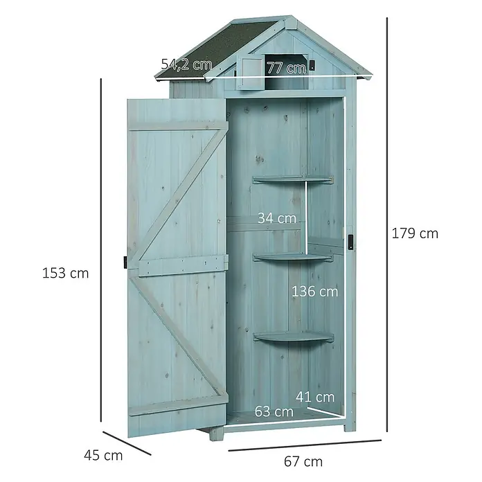 Outsunny Geräteschrank - Außenbreite inkl. Dachüberstand: 77 cm, Außentiefe inkl. Dachüberstand: 54,2 cm, Holz, Hellblau+Grün - Hellblauer Holz-Gartenschrank mit offener Tür, zeigt Innenregale und Maße.
