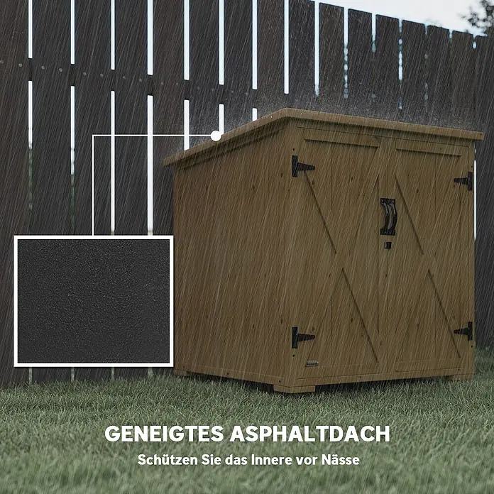 Outsunny Geräteschrank - Außenbreite inkl. Dachüberstand: 88 cm, Außentiefe inkl. Dachüberstand: 77,5 cm, Holz, Naturholz - Hölzerne Gartenbox mit schwarzem Asphaltdach, im Regen gezeigt zum Schutz vor Nässe. Verfügt über dunkle Scharniere und Griffe.