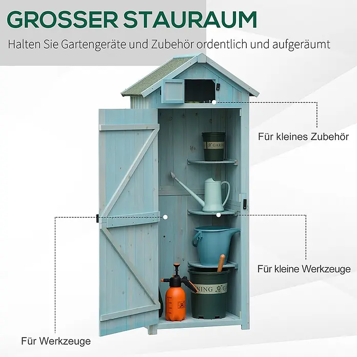 Outsunny Geräteschrank - Außenbreite inkl. Dachüberstand: 77 cm, Außentiefe inkl. Dachüberstand: 54,2 cm, Holz, Hellblau+Grün - Hellblauer Gartenschrank aus Holz mit offenen Türen und Regalen für Gartengeräte und Zubehör.