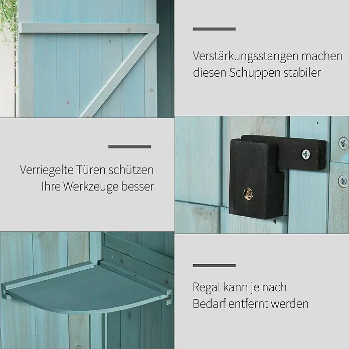 Outsunny Geräteschrank - Außenbreite inkl. Dachüberstand: 77 cm, Außentiefe inkl. Dachüberstand: 54,2 cm, Holz, Hellblau+Grün - Hellblauer Holzschuppen: verstärkte Tür, Verriegelung und herausnehmbares Regal.