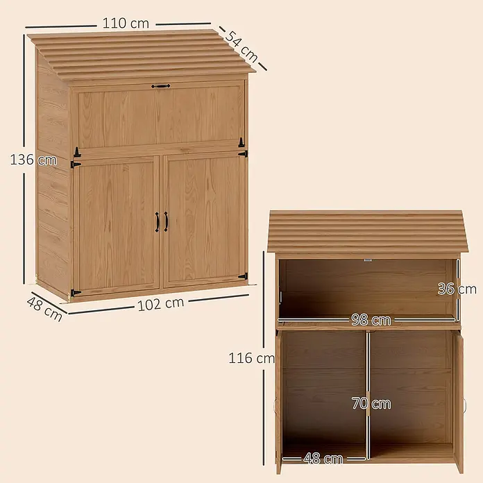 Outsunny Geräteschrank - Außenbreite inkl. Dachüberstand: 110 cm, Außentiefe inkl. Dachüberstand: 54 cm, Holz, Braun - Hölzerner Gartenschrank mit Pultdach, zeigt Außenmaße (136x110x54cm) und Innenaufteilung (98x48x36cm und 98x48x70cm Fächer).