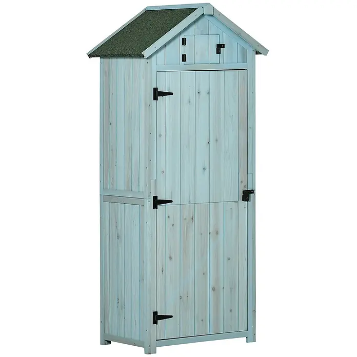Outsunny Geräteschrank - Außenbreite inkl. Dachüberstand: 77 cm, Außentiefe inkl. Dachüberstand: 54,2 cm, Holz, Hellblau+Grün - Hellblauer Holz-Gartenschrank mit dunkelgrünem Dach und schwarzen Beschlägen.