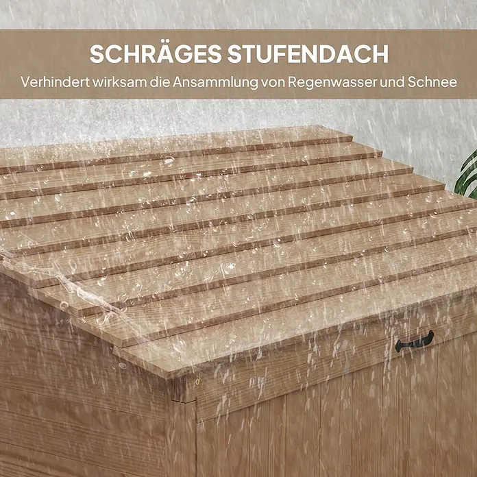 Outsunny Geräteschrank - Außenbreite inkl. Dachüberstand: 110 cm, Außentiefe inkl. Dachüberstand: 54 cm, Holz, Braun - Hölzerne Aufbewahrungsbox mit schrägem Stufendach, das Regenwasser und Schnee effektiv ableitet. Regentropfen sind auf dem Dach sichtbar.