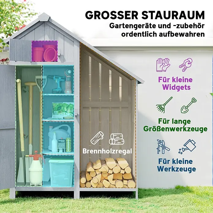 Outsunny Geräteschrank - Außenbreite inkl. Dachüberstand: 129 cm, Außentiefe inkl. Dachüberstand: 51,5 cm, Holz, Grau - Grauer Gartenschuppen aus Holz mit Fächern für Gartengeräte, Zubehör und integriertem Brennholzregal.