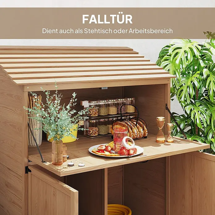 Outsunny Geräteschrank - Außenbreite inkl. Dachüberstand: 110 cm, Außentiefe inkl. Dachüberstand: 54 cm, Holz, Braun - Leichter Holzschrank/Bar mit Falltür, die als Stehtisch oder Arbeitsbereich dient.