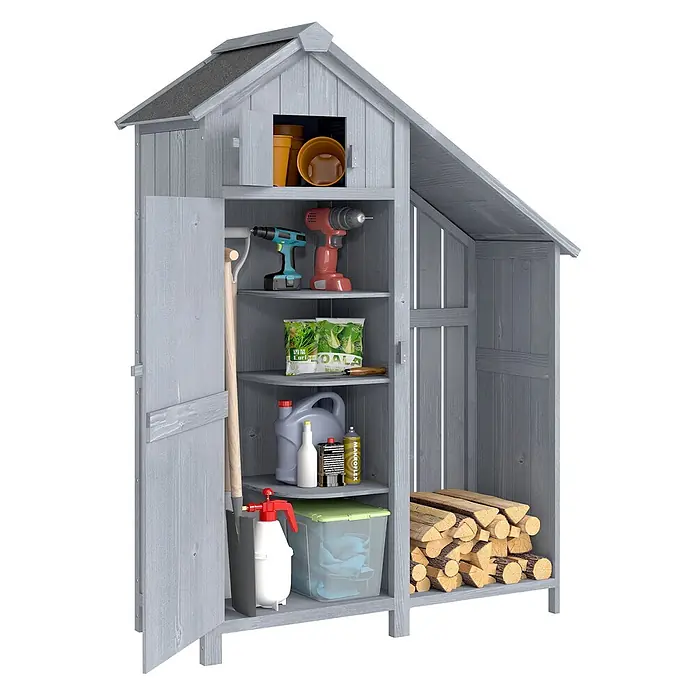 Outsunny Geräteschrank - Außenbreite inkl. Dachüberstand: 129 cm, Außentiefe inkl. Dachüberstand: 51,5 cm, Holz, Grau - Graues Holz-Gartenhaus mit Regalen für Gartengeräte, Töpfe und Brennholz.