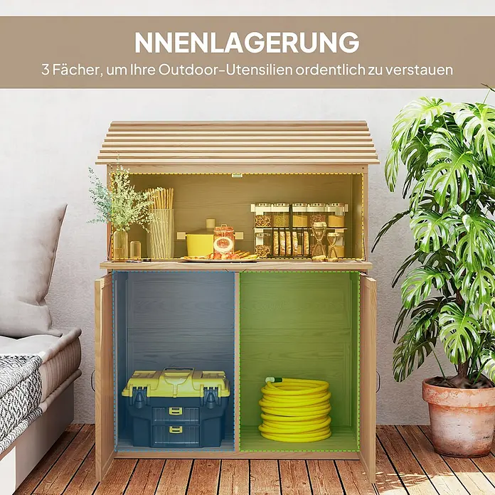 Outsunny Geräteschrank - Außenbreite inkl. Dachüberstand: 110 cm, Außentiefe inkl. Dachüberstand: 54 cm, Holz, Braun - Heller Holzschrank mit 3 Fächern für Gartenutensilien. Oben offen, unten mit Werkzeugkasten und Gartenschlauch.