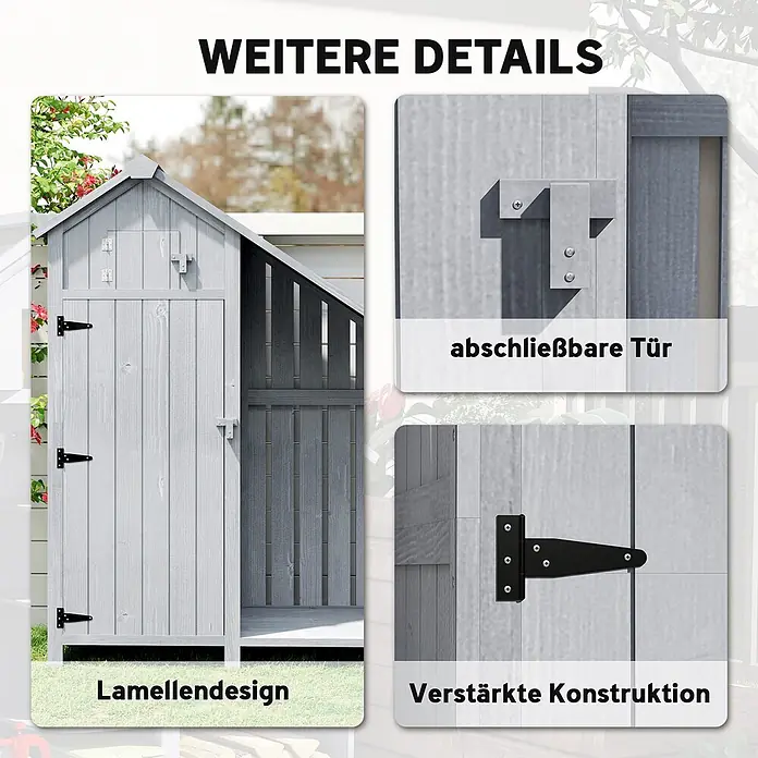 Outsunny Geräteschrank - Außenbreite inkl. Dachüberstand: 129 cm, Außentiefe inkl. Dachüberstand: 51,5 cm, Holz, Grau - Hellgrauer Holzschuppen mit Lamellendesign, abschließbarer Tür und verstärkten schwarzen Scharnieren.