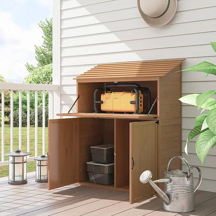 Outsunny Geräteschrank - Außenbreite inkl. Dachüberstand: 110 cm, Außentiefe inkl. Dachüberstand: 54 cm, Holz, Braun - Hölzerner Outdoor-Stauraumschrank auf einer Terrasse. Mit Fächern für einen Generator und weitere Gegenstände, ideal zur Organisation im Freien.
