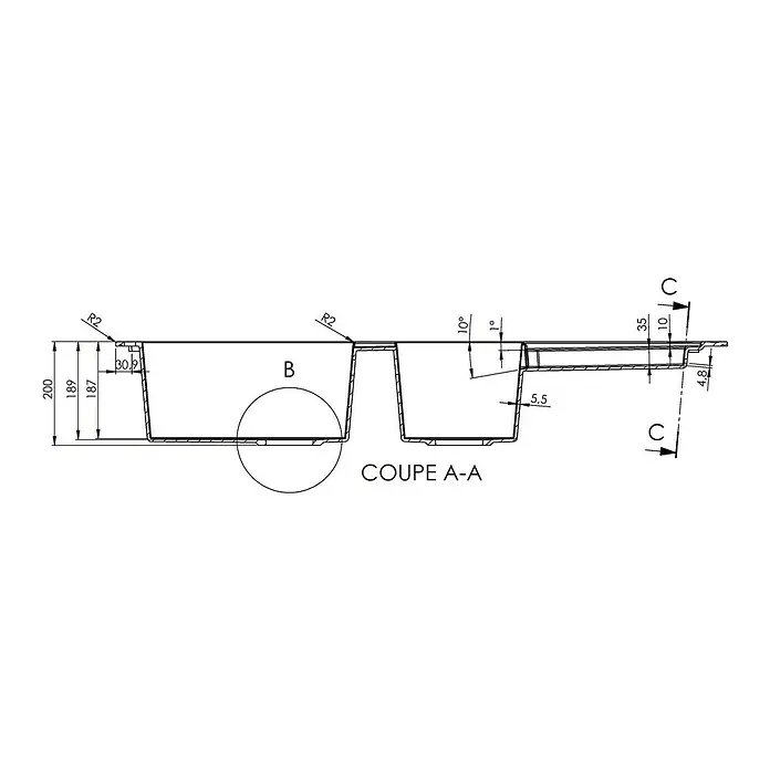 Carea Einbauspüle Eole - 118 x 50 cm, Weiß - Technische Zeichnung eines Produkts, das aus zwei rechteckigen Wannen besteht, mit den Maßen und Winkeln.