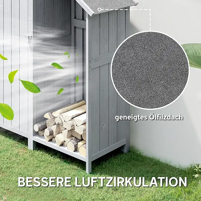 Outsunny Geräteschrank - Außenbreite inkl. Dachüberstand: 129 cm, Außentiefe inkl. Dachüberstand: 51,5 cm, Holz, Grau - Grauer Holzschuppen für Brennholz mit geneigtem Ölfilzdach und Belüftung, gefüllt mit Holzscheiten.