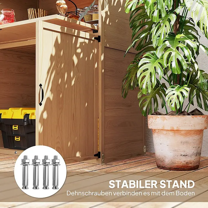 Outsunny Geräteschrank - Außenbreite inkl. Dachüberstand: 110 cm, Außentiefe inkl. Dachüberstand: 54 cm, Holz, Braun - Hölzerner Gartenschrank mit Dehnschrauben zur Bodenbefestigung.
