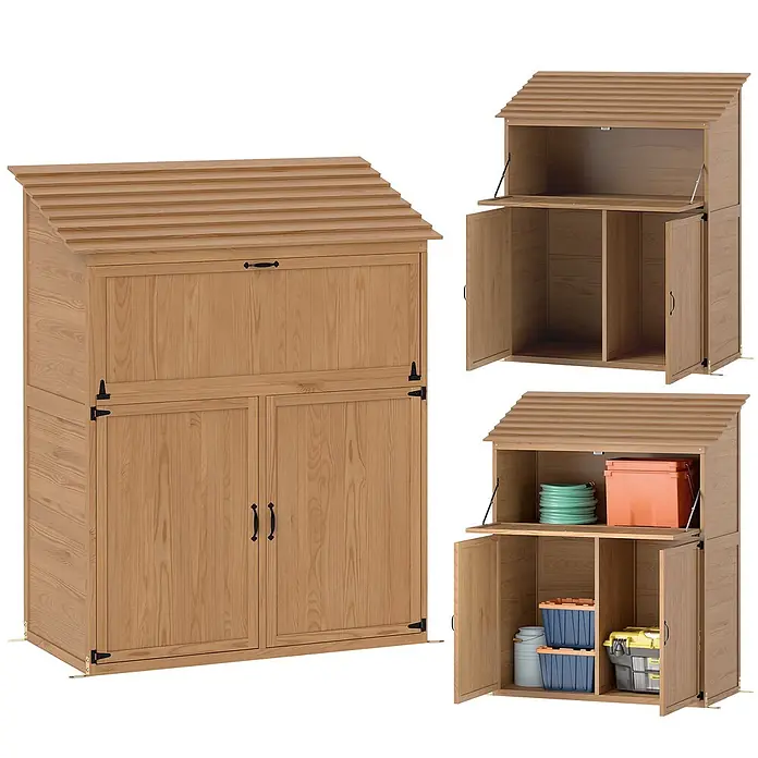 Outsunny Geräteschrank - Außenbreite inkl. Dachüberstand: 110 cm, Außentiefe inkl. Dachüberstand: 54 cm, Holz, Braun - Helles Holz Outdoor-Aufbewahrungsschrank mit Lamellendach, geschlossen und offen mit Innenablagen und diversen Lagerartikeln gezeigt.